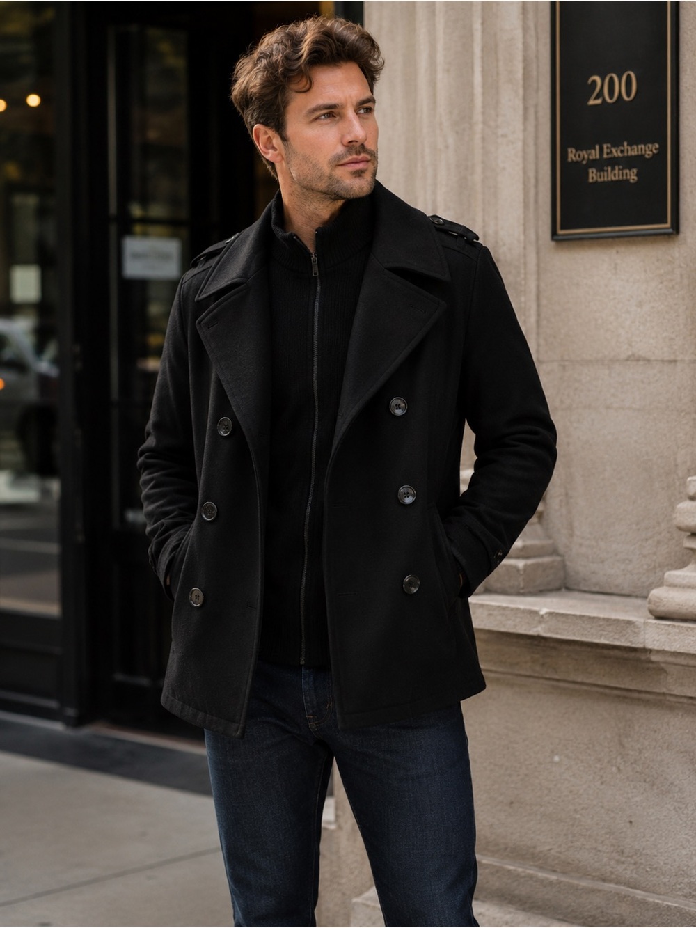Andrew Marc Men's Black Double-Breasted Pea Coat with Epaulettes